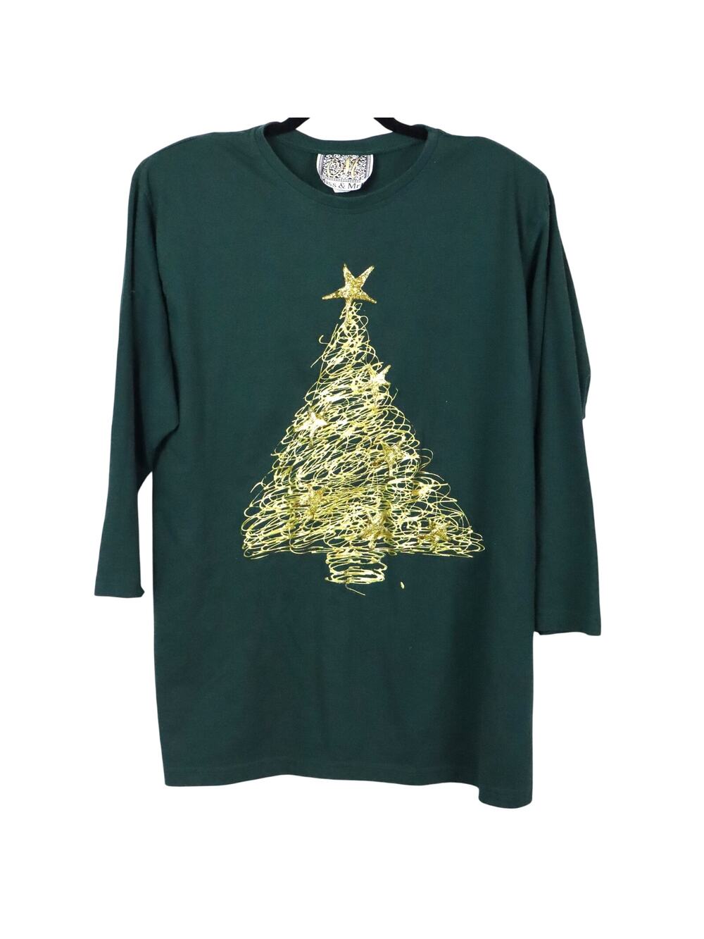 Vintage 80s Green Christmas Top Hand Painted Gold Tree Puff Paint 3/4 Sleeve